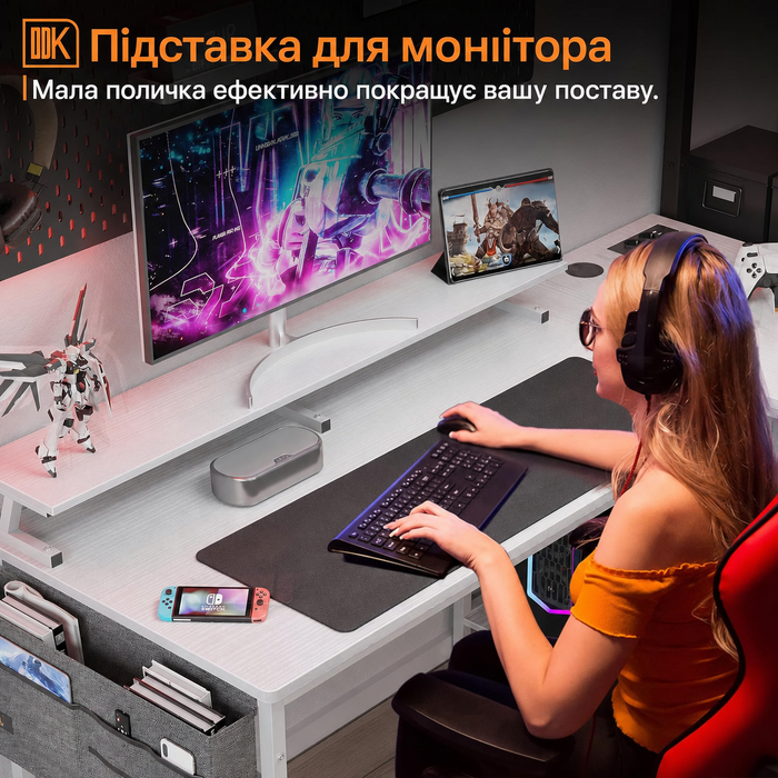 Кутовий письмовий стіл ODK L-подібний білий з 4 шухлядами, USB і розетками, полицею для монітора, для домашнього офісу, 140x80x84,7 см