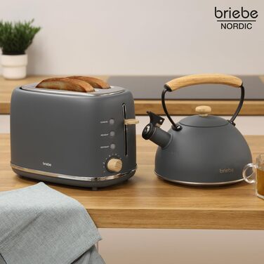 Тостер Briebe Nordic Set 2-слотовий з широкими прорізами, підставка для булочок, 6 рівнів підсмажування + Електричний чайник індукційний 2.3л, нержавіюча сталь, без BPA, Набір для сніданку в скандинавському дизайні (Сірий)
