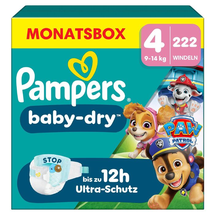 Підгузки Pampers Baby-Dry Paw Patrol Edition, розмір 4 (9-14 кг), 222 шт. — максимальний захист від протікань та комфортний сон