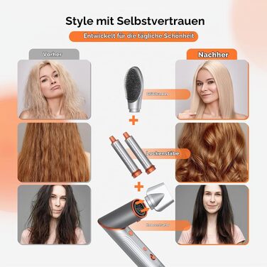Мультистайлер для волосся 5-в-1 Faltbarer Airstyler: складаний фен-щітка з ефектом Коанда, іонізацією та плойкою (110 000 об/хв), дорожній набір для укладки, сріблясто-помаранчевий