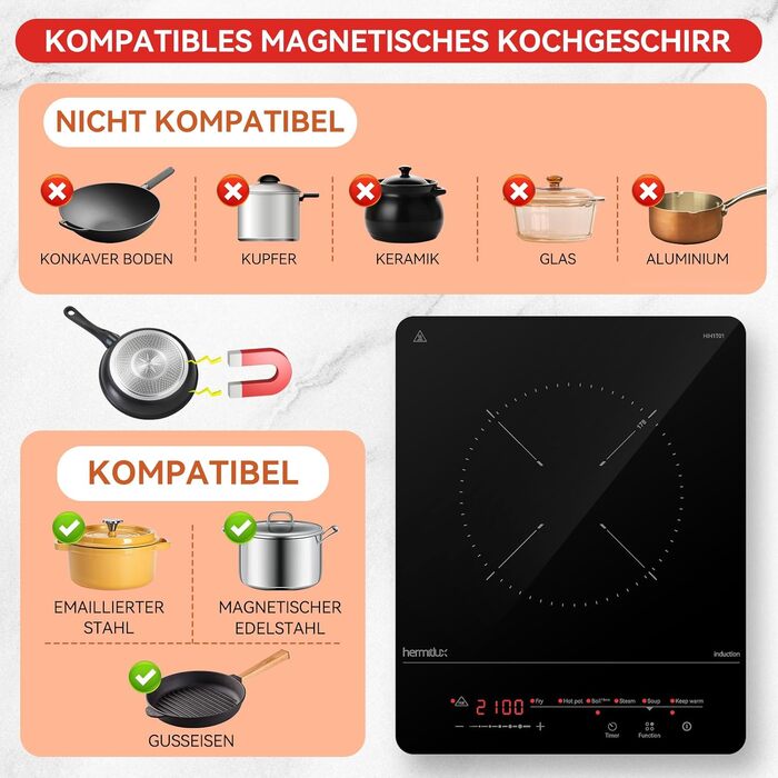 Індукційна плита Hermitlux 2100W з сенсорним керуванням, 9 рівнів потужності, таймер, захист від перегріву та дітей. Для дому, кемпінгу, подорожей.