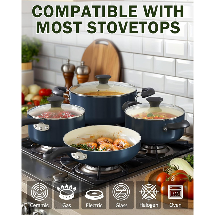 Набір посуду Cook N Home керамічний антипригарний 10 предметів синій: каструлі, сковороди, казанок з кришкою