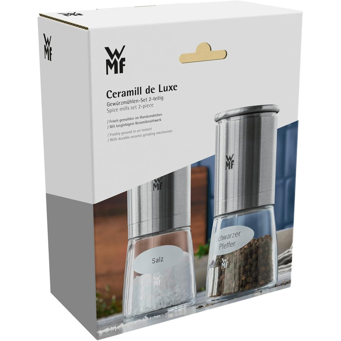 Набір млинків для солі та перцю WMF De Luxe, 2 шт., керамічний механізм, нержавіюча сталь Cromargan та скло, регулювання помолу
