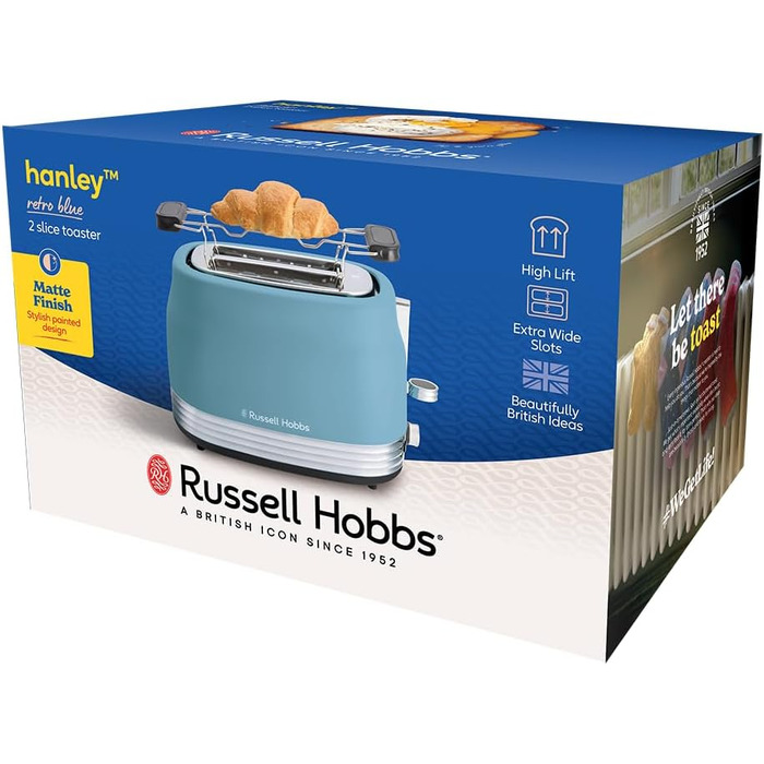 Тостер Russell Hobbs Hanley на 2 тости, блакитний (6 режимів, широкі слоти, розморожування, підігрів, підйом тостів)