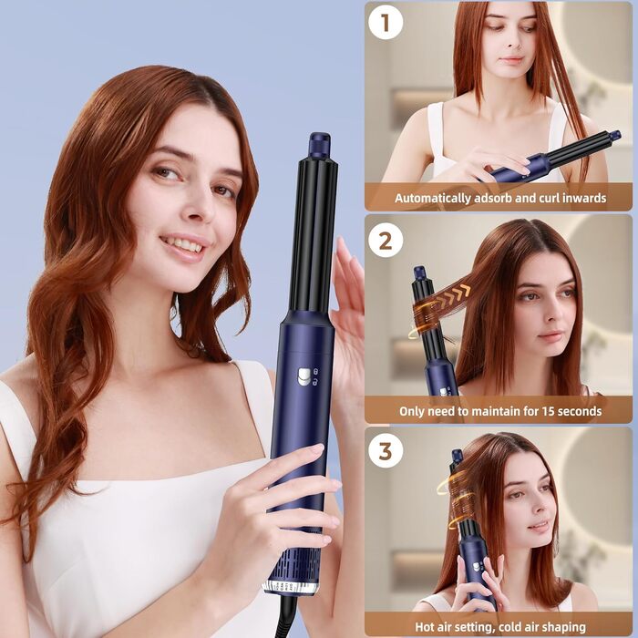 UKLISS 6-в-1 Hairstyler: Фен-щітка для волосся з насадкоми, автоматична плойка, професійний фен-розкручувач для об'єму та укладки (Синій)