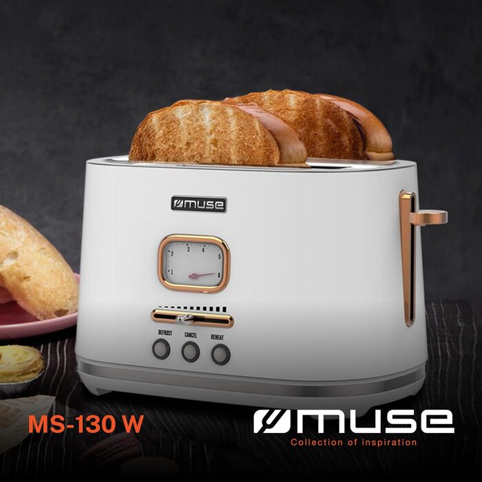 Тостер Muse MS-130 BC білий, ретро дизайн, 6 рівнів підсмажування, 2 відділення, з піддоном для крихт