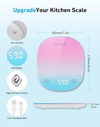 Цифрова кухонна вага Arboleaf 10 кг з додатком, підрахунком калорій, USB-зарядкою, Bluetooth, LED-дисплеєм, точність 0,5 г, із загартованого скла (кольорова)