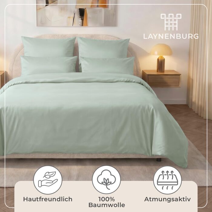Постільна білизна LAYNENBURG Premium Mako Satin, 100% бавовна, Оеко-Текс 100, охолоджуюча літня комплект з підковдрою 135x200 см та наволочкою 80x80 см, шавлієвий колір