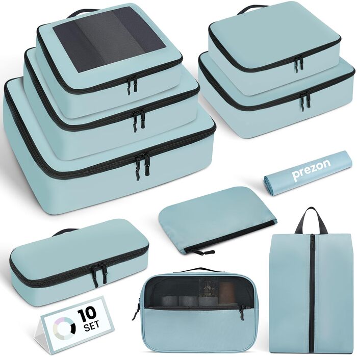 Набір органайзерів для одягу в дорогу Packing Cubes для валізи, 10 шт, блакитно-зелений