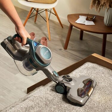 Пилосос для прибирання шерсті Petra Pet+ PF01195VDEEU7, бездротовий 2-в-1 вертикальний та ручний, акумулятор 22,2В, легкий, 40 хв роботи, LED-щітка, насадка для тварин, сріблясто-блакитний