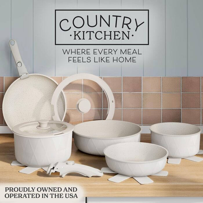 Набір посуду та сковорідок Country Kitchen, 13 предметів, антипригарне покриття, знімна ручка, підходить для духовки та кемпінгу (Rhombus, кремовий)