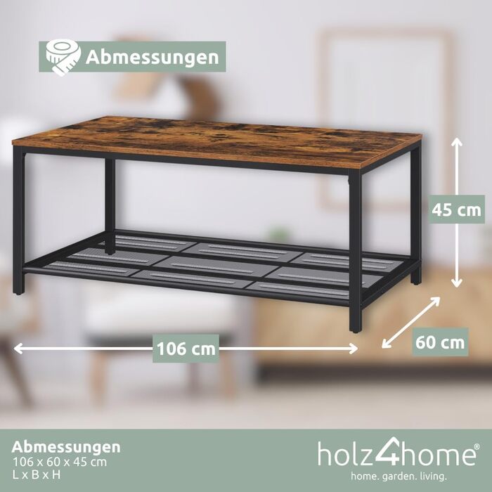 Журнальний стіл holz4home Connie з полицею, 106x60x45 см, індустріальний стиль, коричневий, для вітальні, чайний стіл, вінтаж
