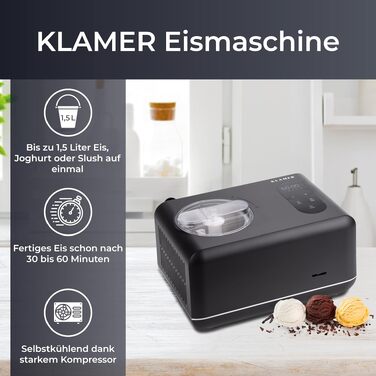 Апарат для морозива та йогурту KLAMER 2-в-1, 2 л, 220 Вт, нержавіюча сталь, з компресором та регулюванням консистенції (Чорний)