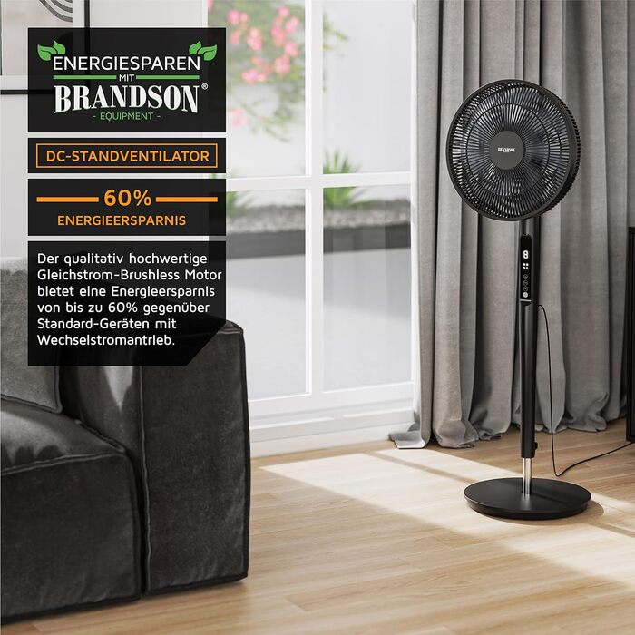 Вентилятор Brandson ECO DC, енергозберігаючий, 9 режимів, турбо, безщітковий тихий мотор, пульт, таймер, осциляція 60°/90°/120°, білий
