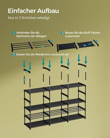 SONGMICS Регульований стелаж для взуття на 8 рівнів, металевий, з нетканого матеріалу, на 48 пар, компактний, чорний, для коридору, гардеробу чи гаража, 129 см