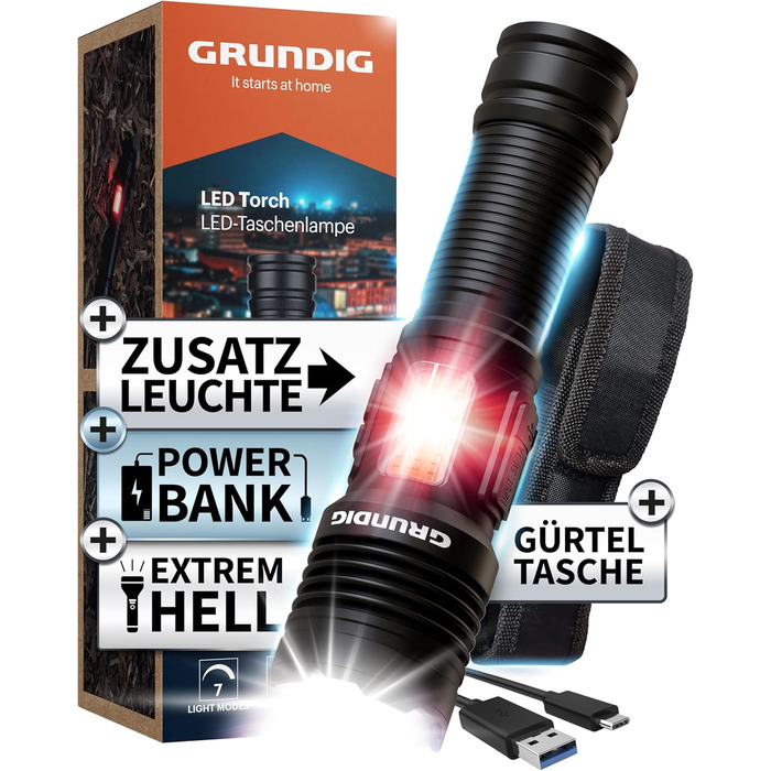 Ліхтарик GRUNDIG LED акумуляторний, надяскравий, з іонною технологією, аварійною USB-зарядкою, додатковим робочим світлом, міцний алюмінієвий корпус, потужний Li-акумулятор