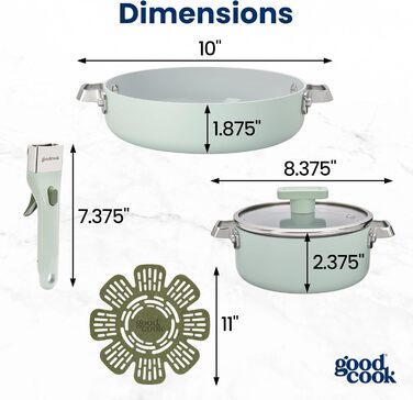 Набір посуду GoodCook Keramik 14 предметів з антипригарним покриттям, знімними ручками, для індукції та духовки, м'ятно-зелений (включає сковороду 20.3 см)