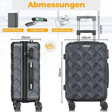 Валіза для подорожей KESSER® 55 см, 55л, ABS пластик, жорстка оболонка, колір Charcoal (вугільний) з кодовим замком, вагами для багажу та гаманцем, 360° колеса, телескопічна ручка