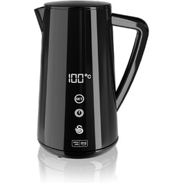 Електрочайник Swan Alexa Smart 1,5 л, WiFi, сенсорний LED-дисплей, підтримка температури, ізольована сталева колба, 1800 Вт, чорний, SK14650BLKN, британська вилка