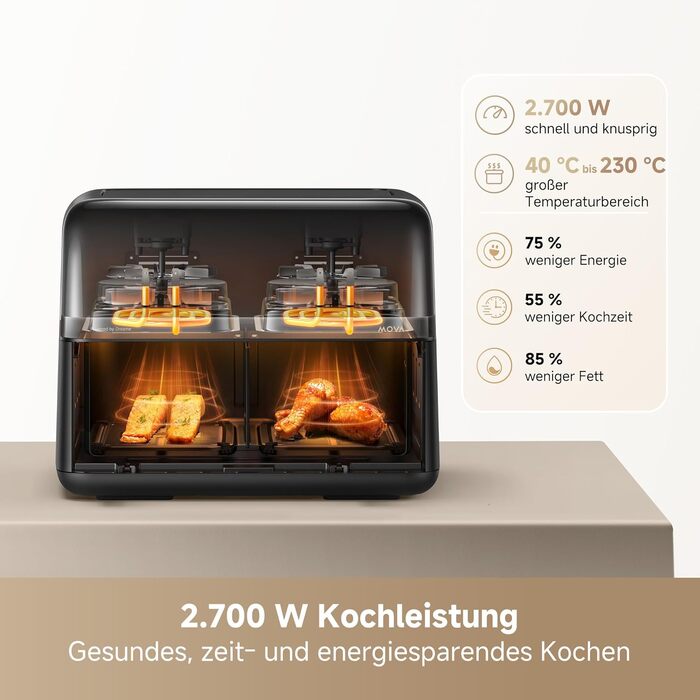 Аерофритюрниця Mova AeroChef FD20 Pro з двома зонами приготування, 9 л, 2700 Вт, SyncFinish, діапазон температур 40-230 °C