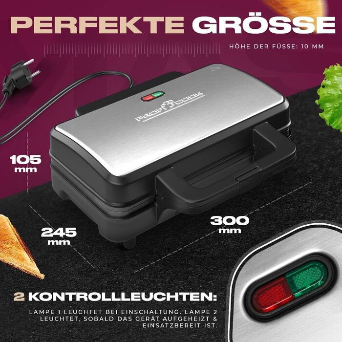 Електричний сендвічмейкер ProfiCook PC-ST 1092 для американських сендвічів XXL, антипригарне покриття, 900 Вт, сріблясто-чорний