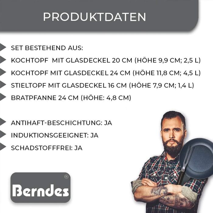Набір каструль Berndes Balance Enduro 7 предметів, індукційні, з антипригарним покриттям і скляними кришками