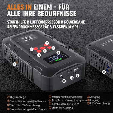 Бустер для авто Povasee Starthilfe Powerbank 5000A: пусковий пристрій для бензинових та дизельних двигунів (до 10л), 12V, з LCD-дисплеєм, 2 USB-портами та LED-ліхтарем, чорний