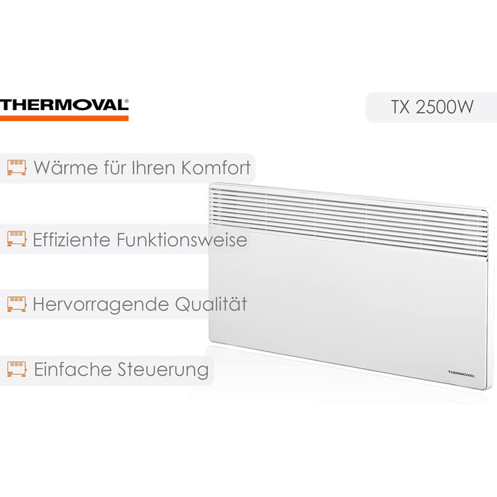 Електричний конвектор Thermoval TX 2500, 2,5 кВт, IP20, підлоговий або настінний електрообігрівач для дому та офісу, білий