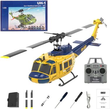 RC Гелікоптер ERA C032 UH-1 Huey, 1/48, 2.4G 6CH, Стабілізатор, Утримання висоти, 3D Дрон (Жовтий)