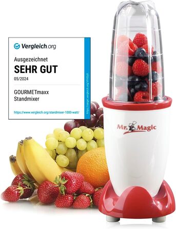 GOURMETmaxx блендер-смузі мейкер 250Вт, 4в1, 500мл, електричний міні міксер з 9 функціями, BPA-free, чашка To-Go, білий-червоний