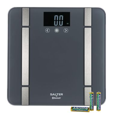 Розумні ваги Salter SA00432GFEU6 для ванної кімнати, Bluetooth, 200 кг, аналіз жиру, води, м’язової та кісткової маси, ІМТ, БМР, 8 користувачів, синхронізація з додатком Salter Health, сірі