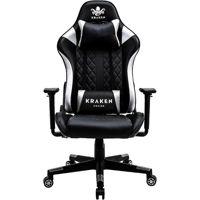 Ігрове крісло KRAKEN CHAIRS, ергономічне, офісне, з регульованою висотою, 3D підлокітниками, подушкою для попереку та підголівником, чорне-сріблясте, екошкіра