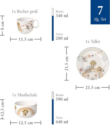 Дитячий посудовий набір Villeroy & Boch Boho Kids 'Roar like a lion' 7 предметів, преміум-посуд з нержавіючої сталі, безпечний для миття в посудомийній машині та використання в мікрохвильовій печі, з зображенням лева та мавпи