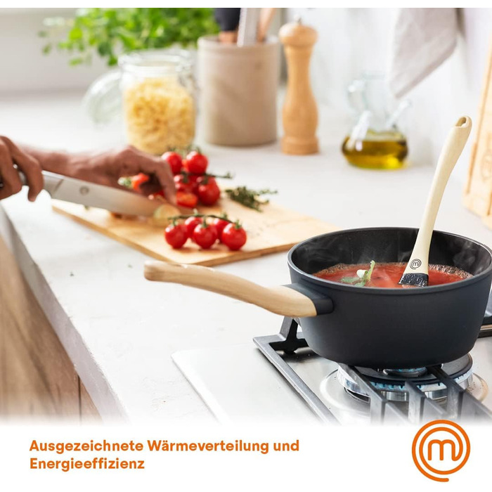 Каструля MasterChef 18 см з кришкою, алюмінієва, індукційна, антипригарна, чорна, дерев'яна ручка, для пасти та супу, підходить для всіх плит, набір каструль і сковорідок, колекція Natural