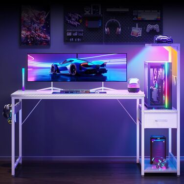Ігровий стіл Coleshome з LED підсвіткою, білий (Carbon Fiber), 138x48 см: стіл для комп'ютера з ящиками, полицею та тримачем для навушників