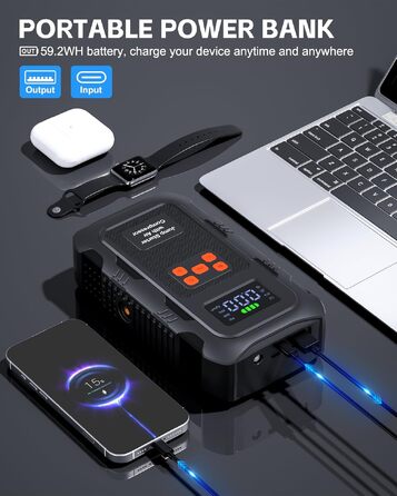Пусковий інвертор Povasee 6000A з компресором 150 PSI та Powerbank, бустер для авто 12V з електричним насосом та ліхтариком (Помаранчевий/Чорний)