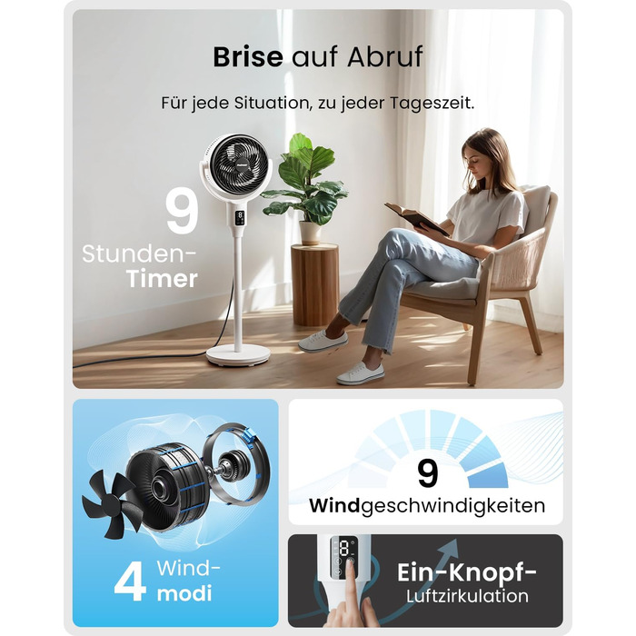 Вентилятор Pro Breeze AirFlo Standventilator 109 см – тихий вентилятор з пультом та LED-дисплеєм, 2 режими, осциляція, 29 дБ, регульована висота, енергоефективний для спальні, офісу та дому