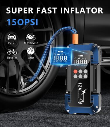 Портативний пусковий пристрій Starthilfe Powerbank з компресором 150PSI, 4000A, 12V для автомобілів та 8.0L дизель, 26800mAh, 4-в-1 з LED-ліхтариком та LCD дисплеєм
