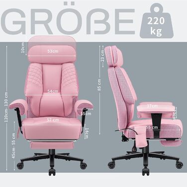 Офісний крісло HOFFREE Ergonomiczne для керівника, 220 кг, з підставкою для ніг, регульованою поперековою підтримкою, регульованою висотою підголівника, PU шкіра, чорне (рожева шкіра)