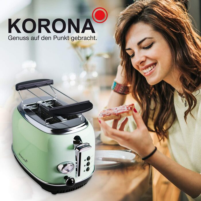 Тостер Korona 21665 на 2 скибки, м'ятний, 810 Вт, регулювання ступеня підсмажування, функції розморожування, підігріву, підставка для булочок, піддон для крихт, центрування хліба