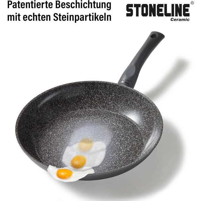 STONELINE керамічний набір каструль для індукції, 16 предметів, антипригарне покриття без PFAS, зі скляними кришками та частками натурального каменю, чорний
