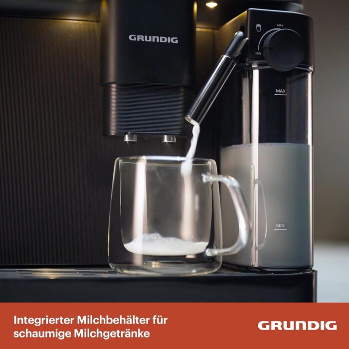 Кавомашина автоматична Grundig KVA 7230, 19 бар, сталева кавомолка (13 ступенів), капучинатор, підігрів чашок, чорний/сріблястий