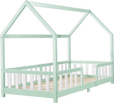 Дитяче ліжко-хаус Sisimiut 90x200 см з бортиками, підліжковим каркасом, з масиву сосни, світло-сіре/біле, [en.casa]