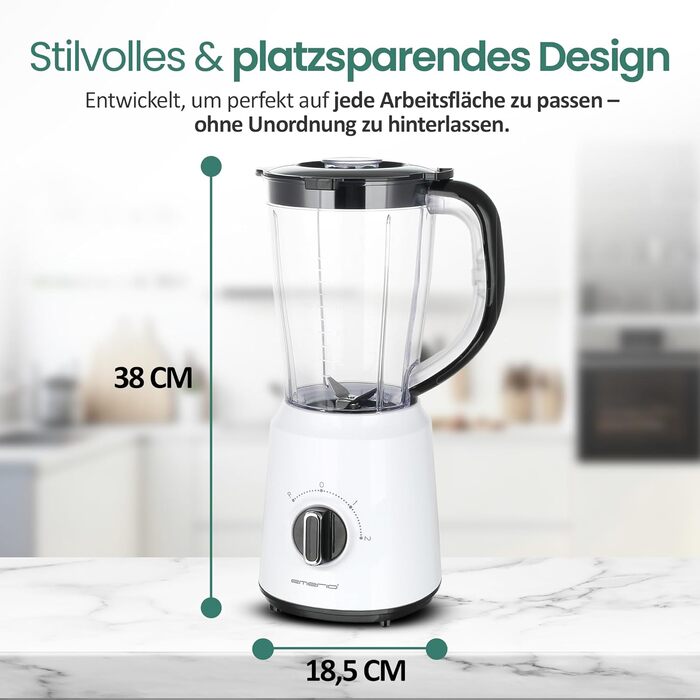 Блендер стаціонарний Emerio BL-124816.8 (білий) 500 Вт, 1.5 л, подрібнювач льоду, 2 швидкості + імпульсний режим, нержавіюча сталь, захист від випадкового ввімкнення, можна мити в посудомийній машині