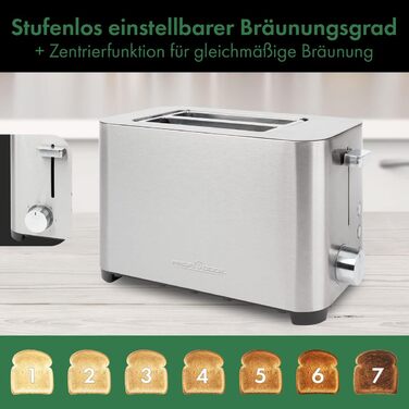 Тостер ProfiCook PC-TA 1251, 2 тостових слоти, нержавіюча сталь, широкий слот, знімна насадка для булочок, регульований ступінь підсмажування, піддон для крихт, кабельний відсік