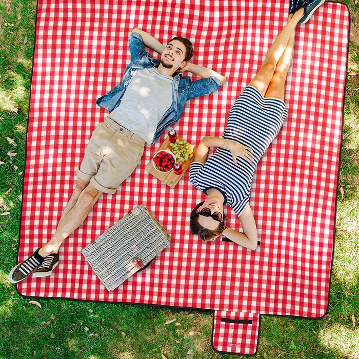 Пікнік-ковдра Relaxdays XXL 200x200 см, фліс, водонепроникна, теплоізоляційна, з ручкою, червоно-біла