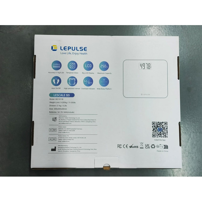Розумна вага Lepulse S5 до 250 кг з Bluetooth, аналізом складу тіла, ІМТ, широкою платформою, срібляста, синхронізація з додатком