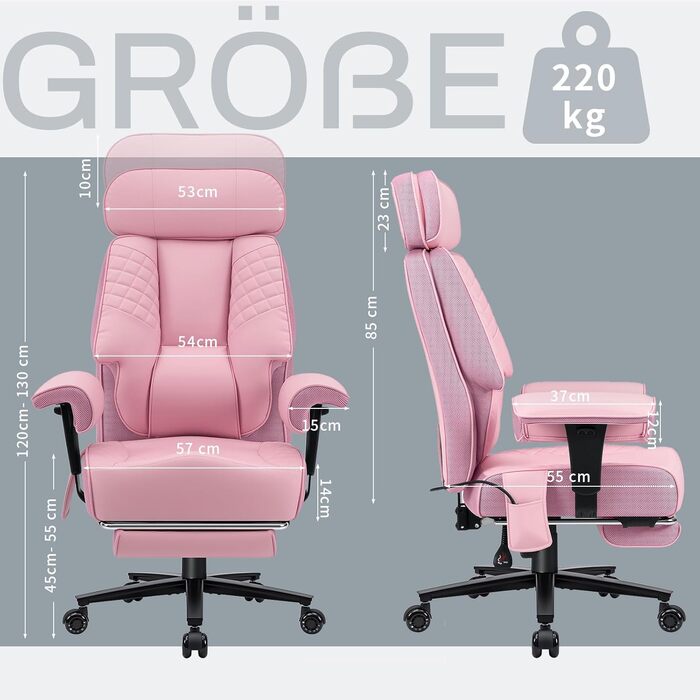 Офісний крісло HOFFREE Ergonomiczne для керівника, 220 кг, з підставкою для ніг, регульованою поперековою підтримкою, регульованою висотою підголівника, PU шкіра, чорне (рожева шкіра)
