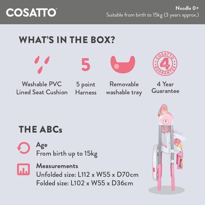 Дитячий стільчик Cosatto Noodle 0+ - компактний, регульований по висоті, складний, легко миється, від народження до 15 кг (Midnight Jungle)