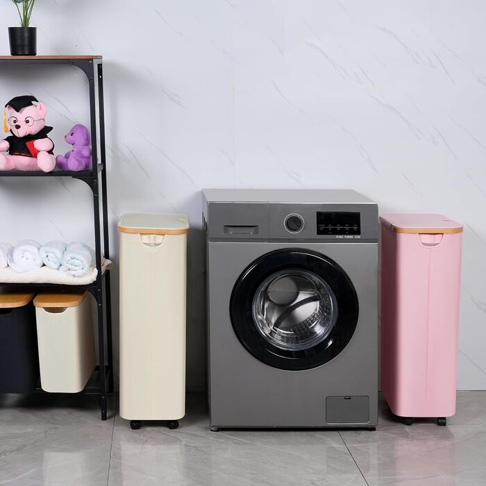 Кошик для білизни iEGrow з кришкою 75 л, складний, знімний мішок, на колесах, рожевий, для ванної, спальні, пральні